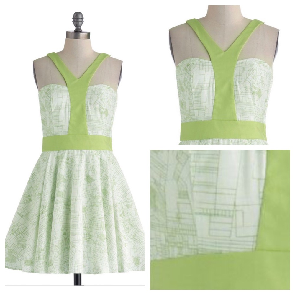 Lime Green Fit-and-Flare Dress with Graphic Print